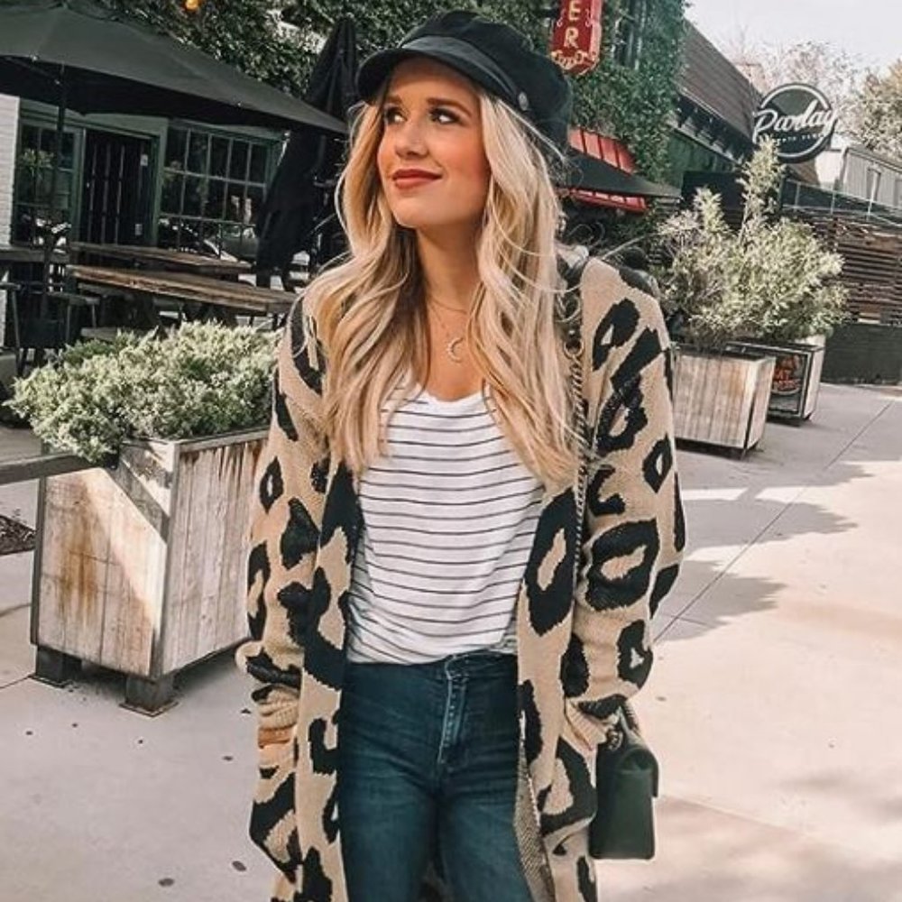 Long Sleeve Leopard Maxi Cardigan : Light Pink w/Grey Spots